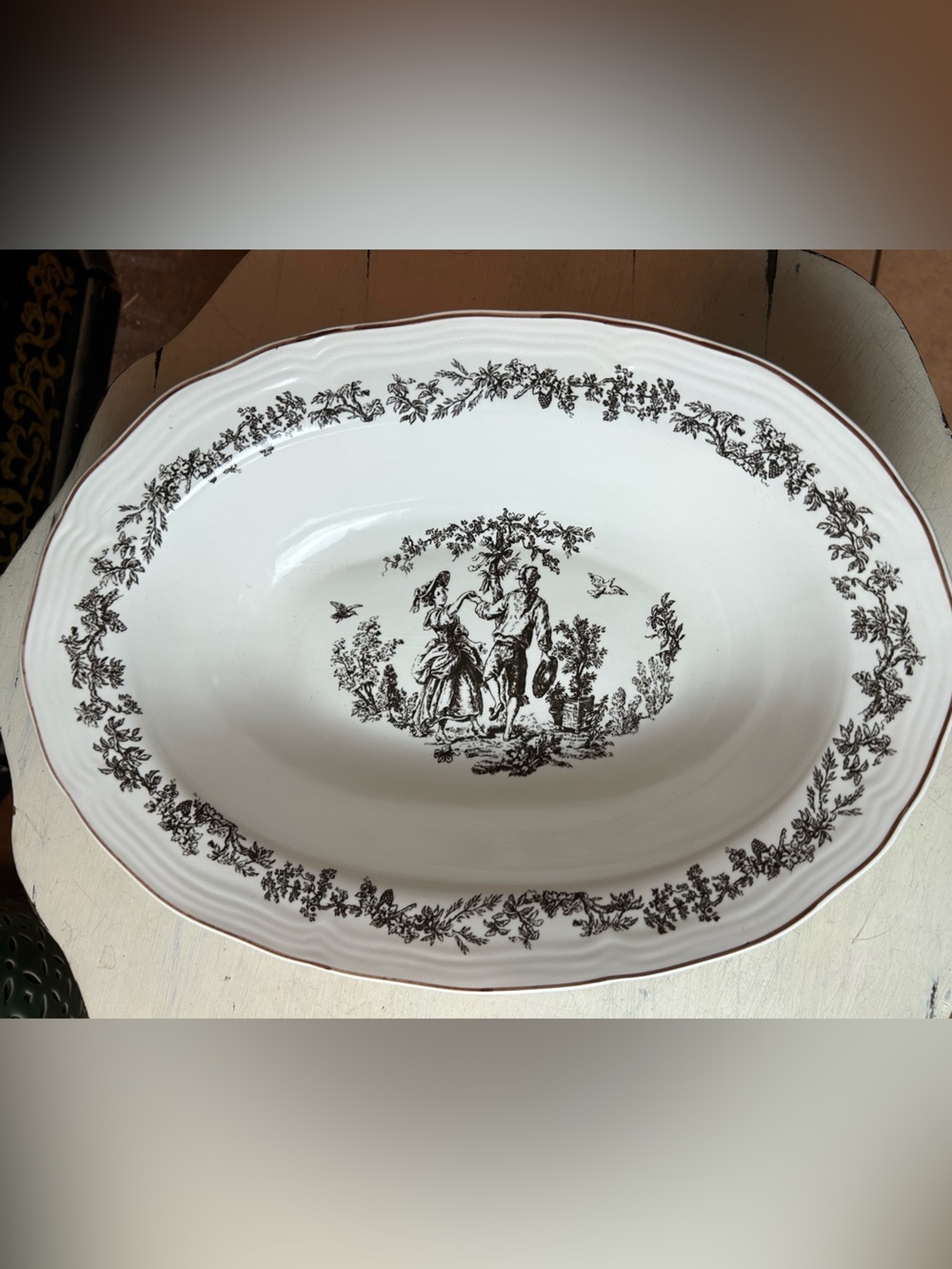 TABLETOPS UNLIMITED New England Toile White Black Oval Vegetable Serving Bowl